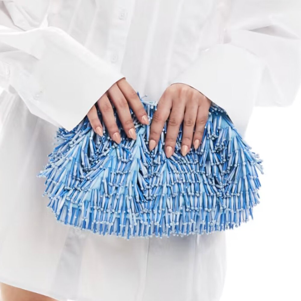 NWT ASOS DESIGN beaded fringe clutch bag in blue